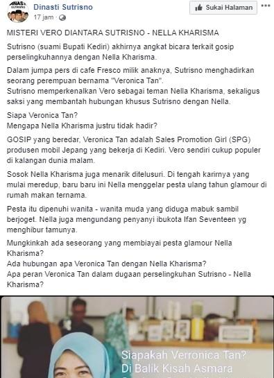 Unggahan akun FB Dinasti Sutrisno terkait persleingkuhan Nella Kharisma. [Facebook]
