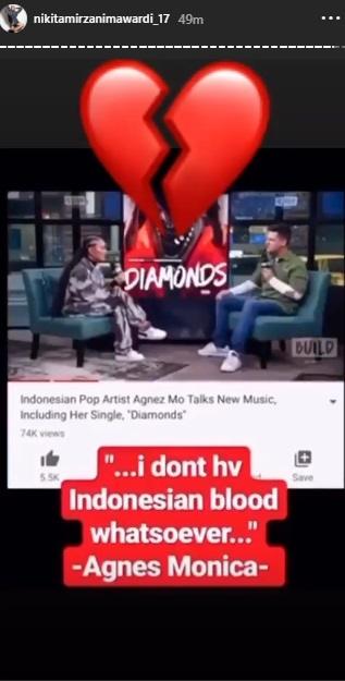 Komentar Nikita Mirzani soal pengakuan Agnez Mo tak punya darah keturunan Indonesia. (Instagram)