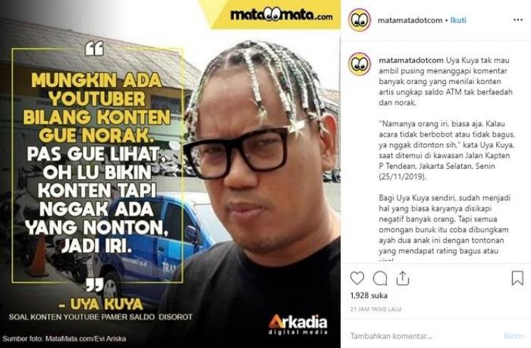 Pernyataan Uya Kuya soal konten YouTube pamer saldo (Instagram @matamatadotcom)