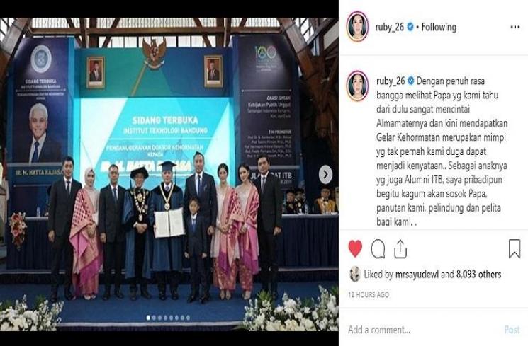 Momen Hatta Rajasa terima gelar doktor kehormatan (Instagram @ruby_26)
