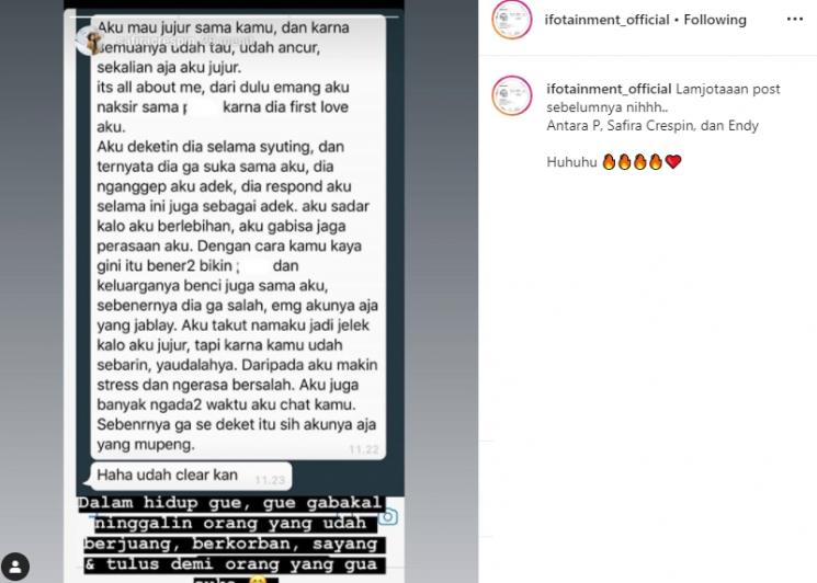 Screenshoot percakapan Endy Arfian dan Safira Crespin (Instagram/@ifotainment_official)
