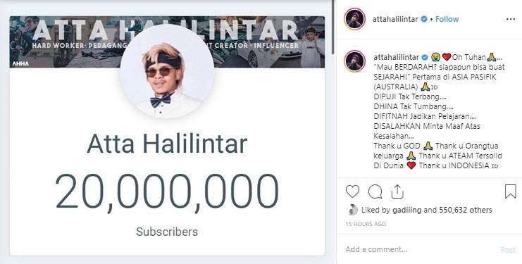 Atta Halilintar raih 20 juta subscribers. (Instagram/@attahalilintar)