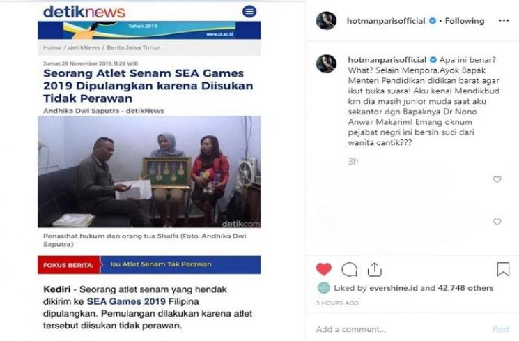 Hotman Paris beri sindiran soal kabar atlet SEA Games yang dipulangkan karena isu tak perawan (Instagram @hotmanparisofficial)