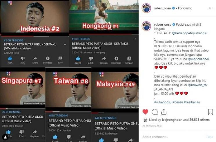 Lagu Betrand Peto trending di lima negara (Instagram @ruben_onsu)