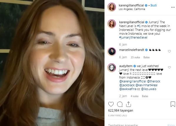 Karen Gillan sampaikan terima kepada Indonesia. [Instagram]