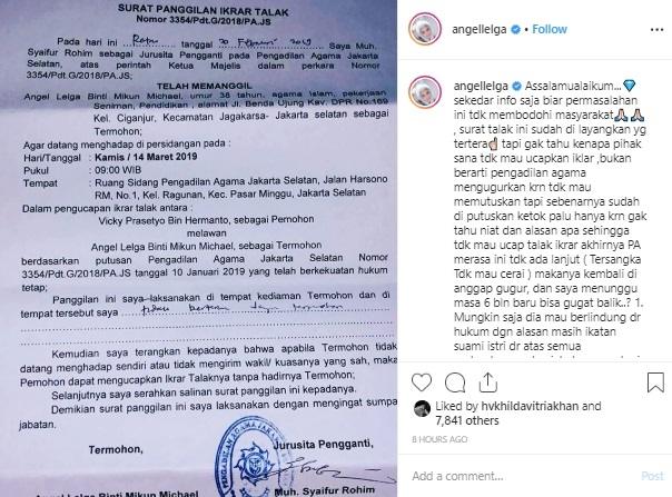 Surat pemanggilan talak Angel Lelga dan Vicky Prasetyo. (Instagram/@angellelga)