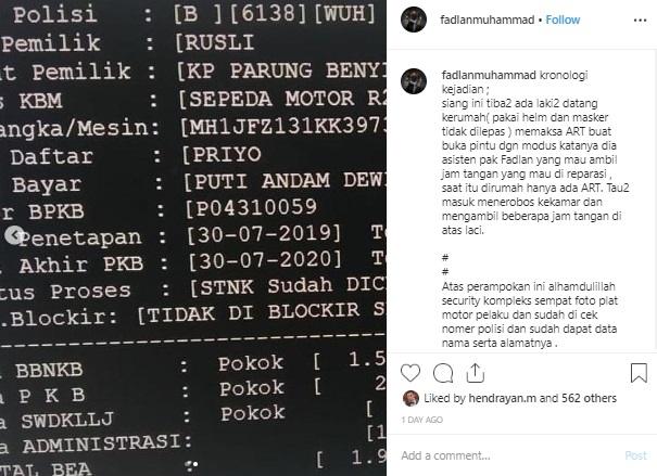 Bukti pelaku perampokan rumah Fadlan Muhammad. (Instagram/@fadlanmuhammad)