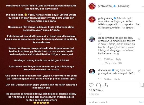Gebby Vesta bongkar diduga kebohongan Lucinta Luna. [Instagram]