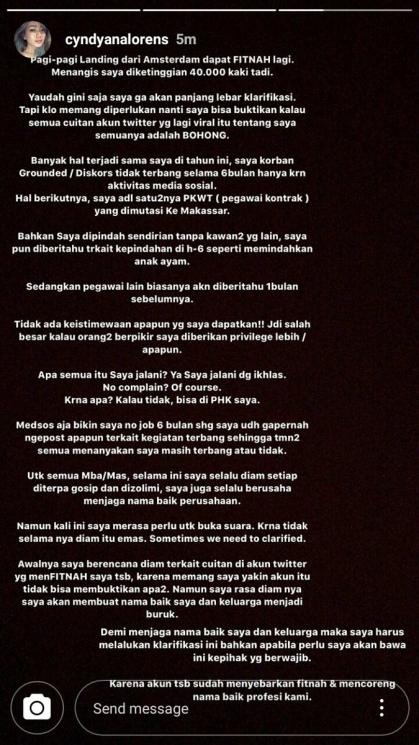 Klarifikasi Cyndyana Lorens. (Instagram)