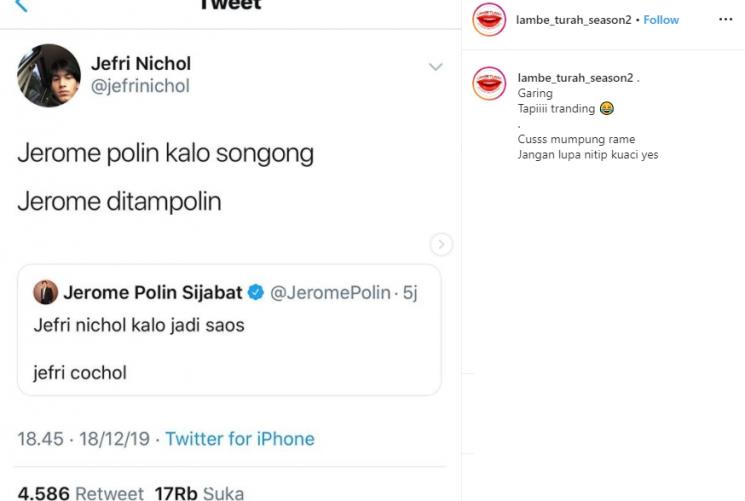 Cuitan Jefri Nichol dan Jerome Polin (Instagram/@lambe_turah_season2)