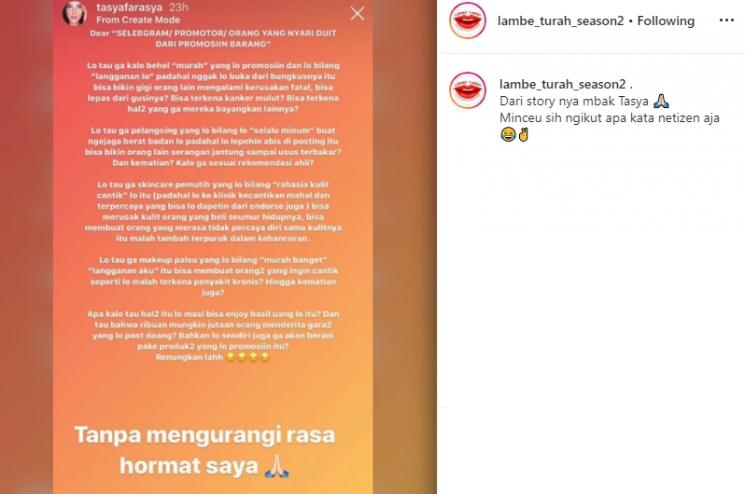 Instagram Stories Tasya Farasya (Instagram/@lambe_turah_season2)