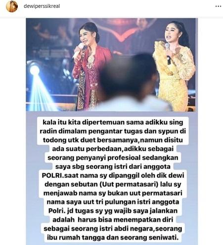 Uut Permatasari protes nama panggungnya disebut Dewi Perssik di acara polisi. [Instagram]