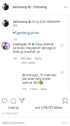 Komentar Irwansyah di postingan Baim Wong. (Instagram/@baimwong)