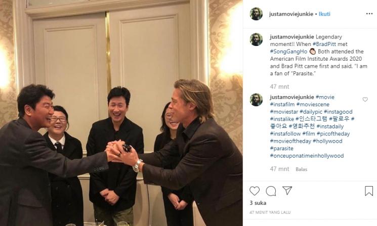 Song Kang Ho salaman dengan Brad Pitt (Instagram/@justamoviejunkie)