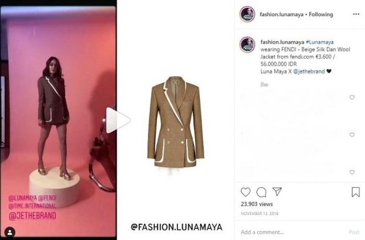 Luna Maya memakai mantel dari Fendi (Instagram @fashion.lunamaya)