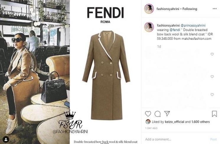 Syahrini memakai mantel dari Fendi (Instagram @fashionsyahrini)