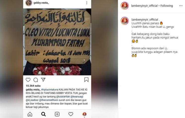 Gebby Vesta tantang Lucinta Luna (Instagram/@lambenyinyir_official)