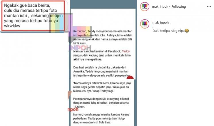 Komentar Teddy tentang mantan istrinya (Instagram/@mak_inpoh)