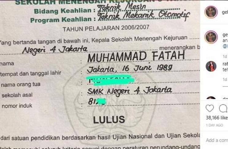Ijazah diduga milik Lucinta Luna yang dibocorkan Gebby Vesta. [Instagram]