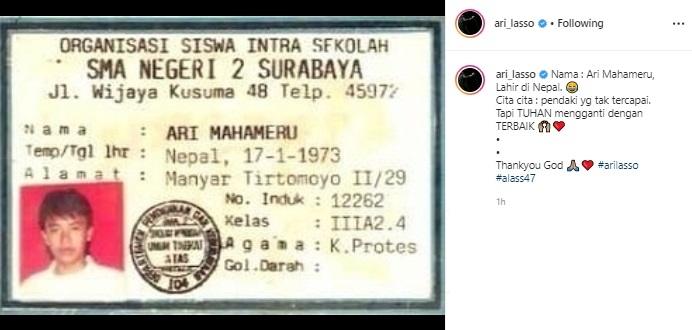 Kartu pelajar Ari Lasso zaman dulu. (Instagram/@ari_lasso)