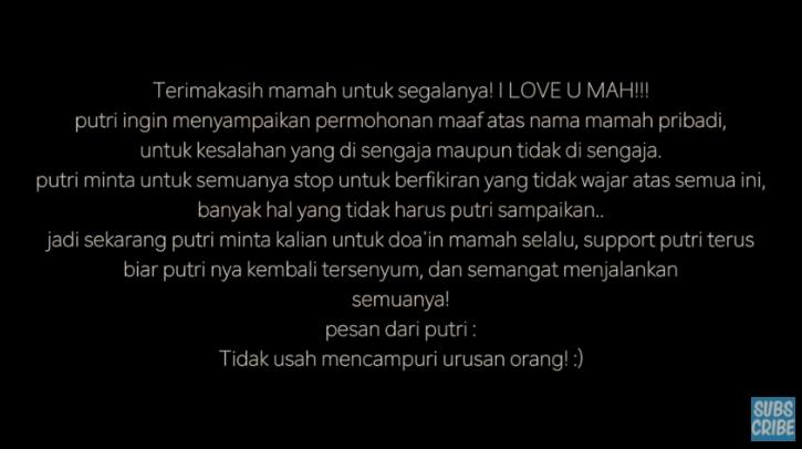 Pesan Putri Delina (YouTube/Putri Delina)