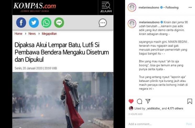Tanggapan Melanie Subono soal pengakuan Lutfi (Instagram @melaniesubono)