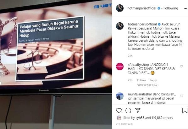 Hotman Paris berjanji akan membawa kasus ZL ke forum nasional. [Instagram]