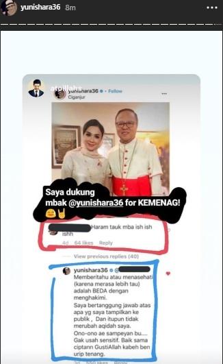 Yuni Shara jawab nyinyiran netizen soal foto bareng Uskup Igantius. [Instagram]