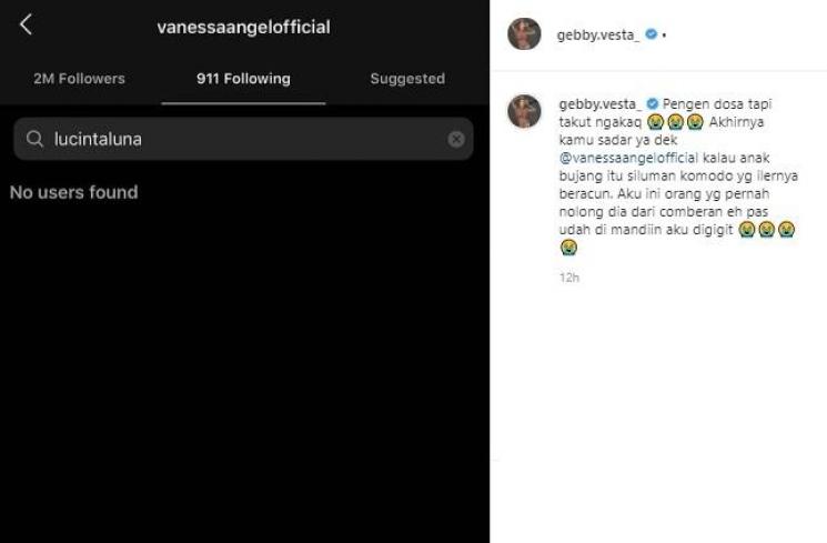 Vanessa Angel unfollow Lucinta Luna. (Instagram/@gebby.vesta_)