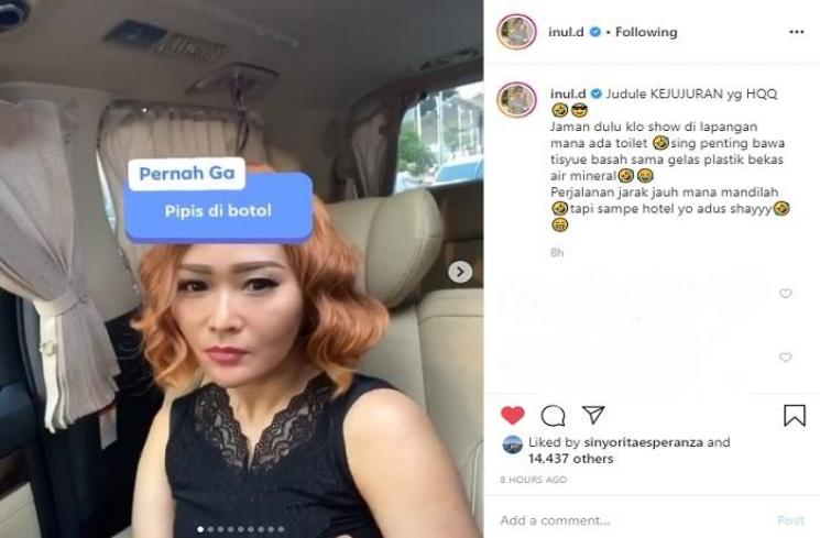 Inul Daratista pipis di gelas bekas air mineral (Instagram @inul.d)
