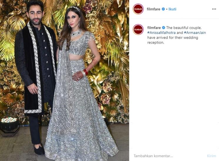 Armaan Jain dan Anissa Malhotra di resepsi Armaan Jain (Instagram/@filmfare)