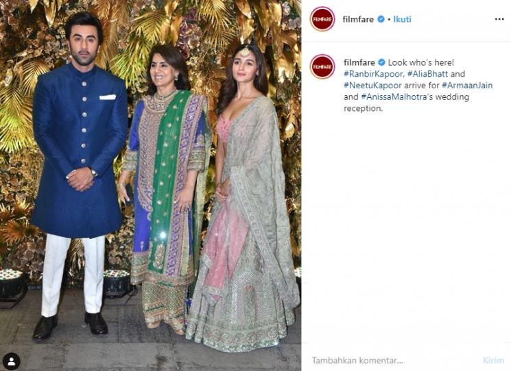 Alia Bhatt, Neetu Singh dan Ranbir Kapoor di resepsi Armaan Jain (Instagram/@filmfare)