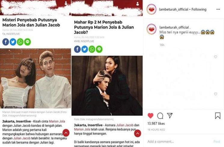 Isu Marion Jola putus karena mahar 2 M (Instagram @lambeturah_official)