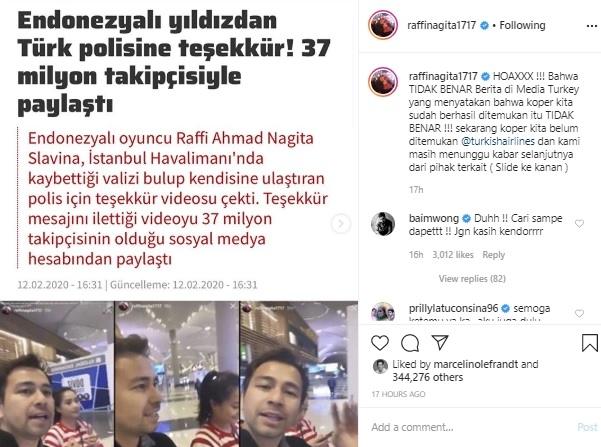 Postingan hoaks media Turki yang sebut koper Nagita Slavina sudah ditemukan. [Instagram]