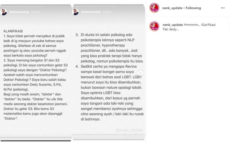 Kontroversi Revina VT dan Dedy Susanto (Instagram/@nenk_update)