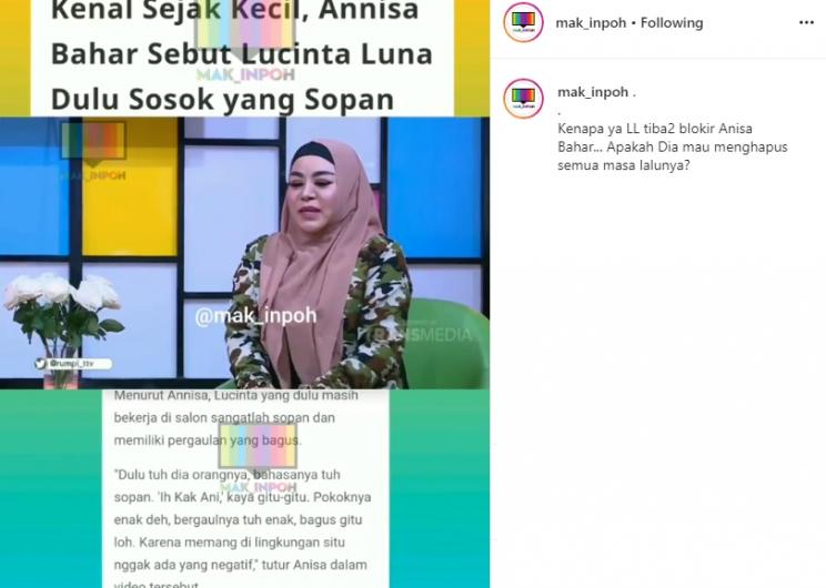 Annisa Bahar kenang sosok Lucinta Luna (Instagram/@mak_inpoh)