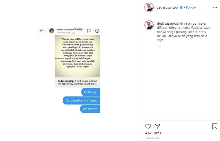 Klarifikasi Dedy Susanto soal tanya tarif ke Vanessa Angel. (Instagram/@dedysusantopj)