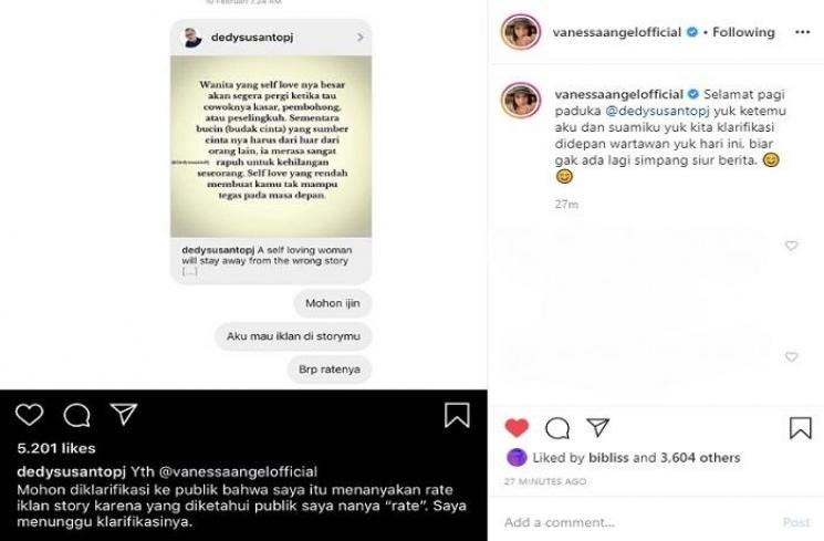 Vanessa Angel mengajak Dedy Susanto untuk memberikan klarifikasi berdua (Instagram @vanessaangelofficial)