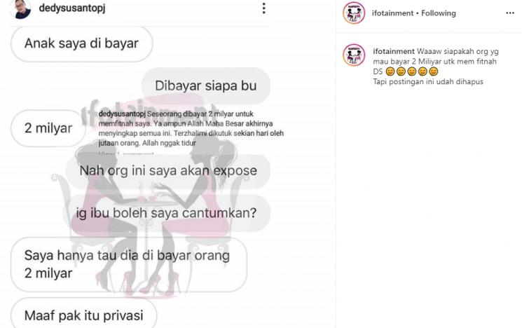 Dedy Susanto ungkap seseorang yang dibayar Rp 2 miliar untuk fitnah dirinya (Instagram/@ifotainment)