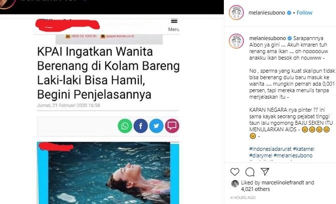 Melanie Subono tanggapi soal berenang satu kolam bikin hamil. [Instagram]