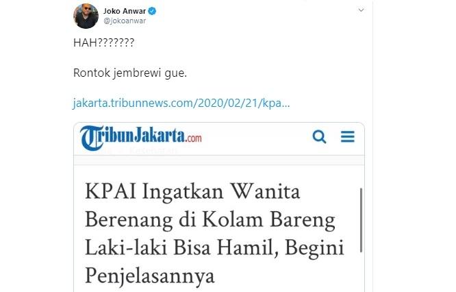 Joko Anwar komentari pernyataan komisioner KPAI 'renang bereng bisa hamil'. (Twitter)