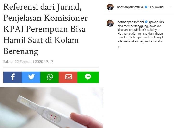 Hotman Paris komentari pernyataan komisioner KPAI 'renang bereng bisa hamil'. (Instagram)