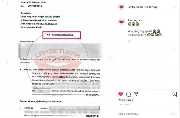 Jefri Nichol digugat karena kasus wanprestasi (Instagram @lambe_turah)