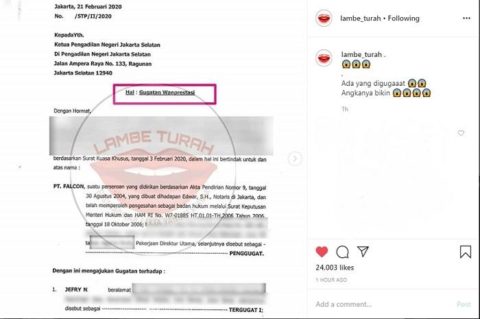 Jefri Nichol digugat karena kasus wanprestasi (Instagram @lambe_turah)
