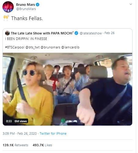 BTS dikomentari Bruno Mars. (Twitter/@BrunoMars)
