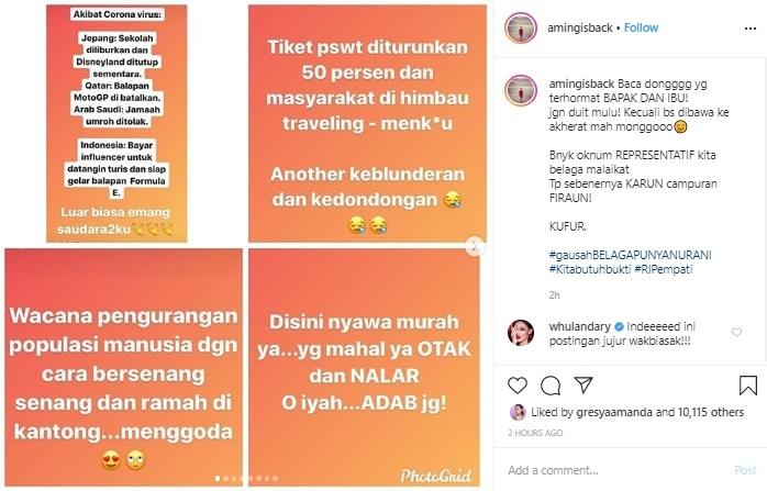 Aming sentil pemerintah terkait virus corona. [Instagram]
