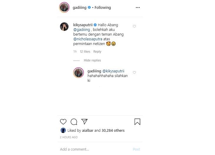 Komentar Kiky Saputri dibalas Gading Marten. (Instagram/@gadiiing)