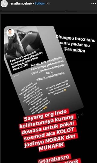 Unggahan dukungan Chef Renatta Moeloek kepada Tara Basro di Instagram.