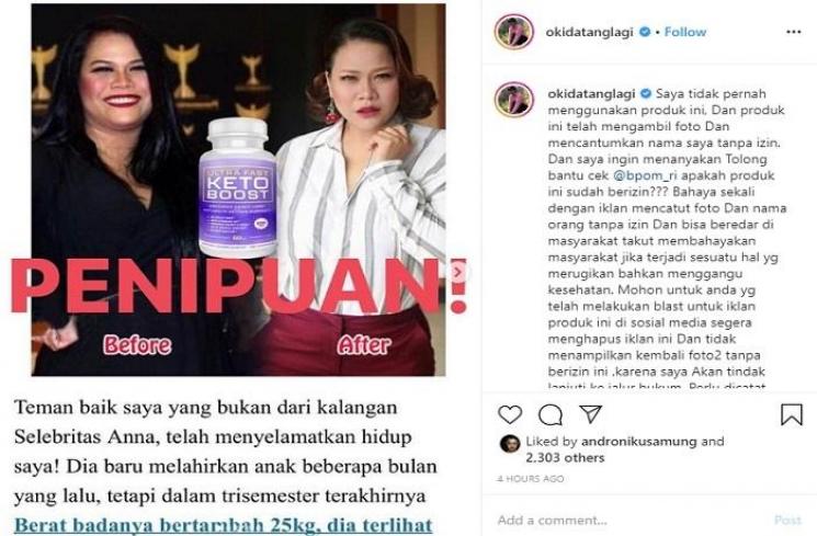 Foto Okky Lukman dicatut obat pelangsing (Instagram @okidatanglagi)
