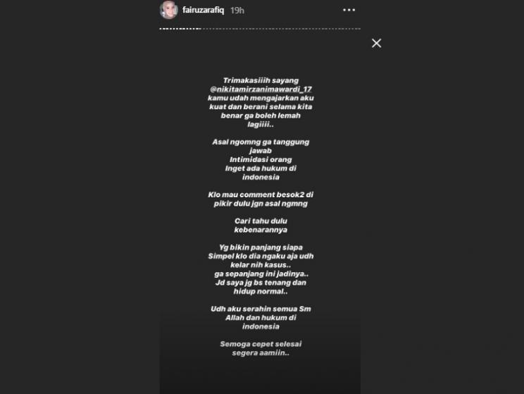 Fairuz A Rafiq berterima kasih ke Nikita Mirzani. (Instagram/@fairuzarafiq)